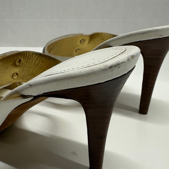 Celine Triomphe Heels High Heel Shoes Open Toe Leather White Gold Studs Size 37 - Picture 7 of 13